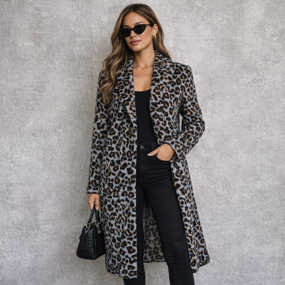 Bernardo Leopard Print Midi Coat Blue Brown Longline Jacket Womens S City Chic